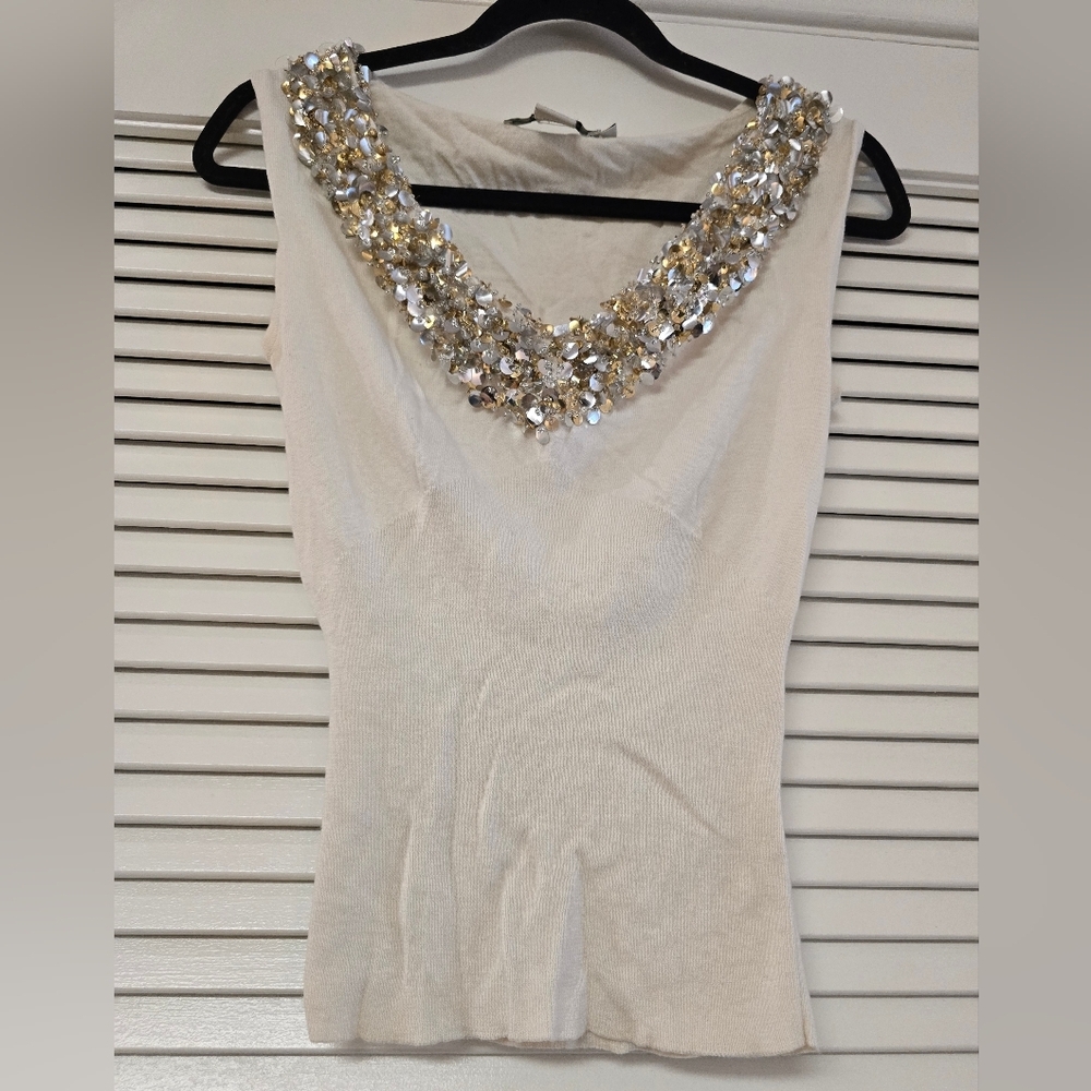 Holt Renfrew - Festive Gold & Silver Sequin & Beaded Sleeveless Cream Top